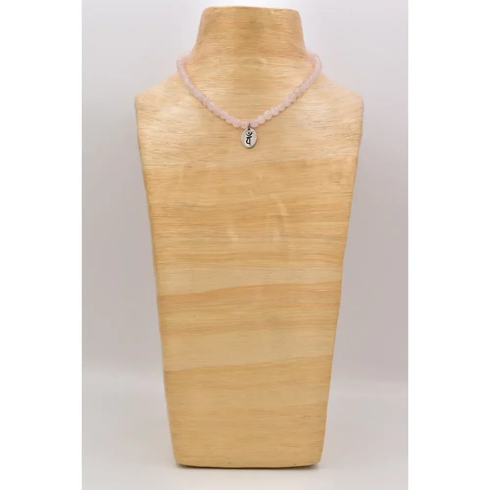 Vintage 925 PTI Rose Quartz Beaded Necklace Spiritual Symbol Pendant 1990s BinAU
